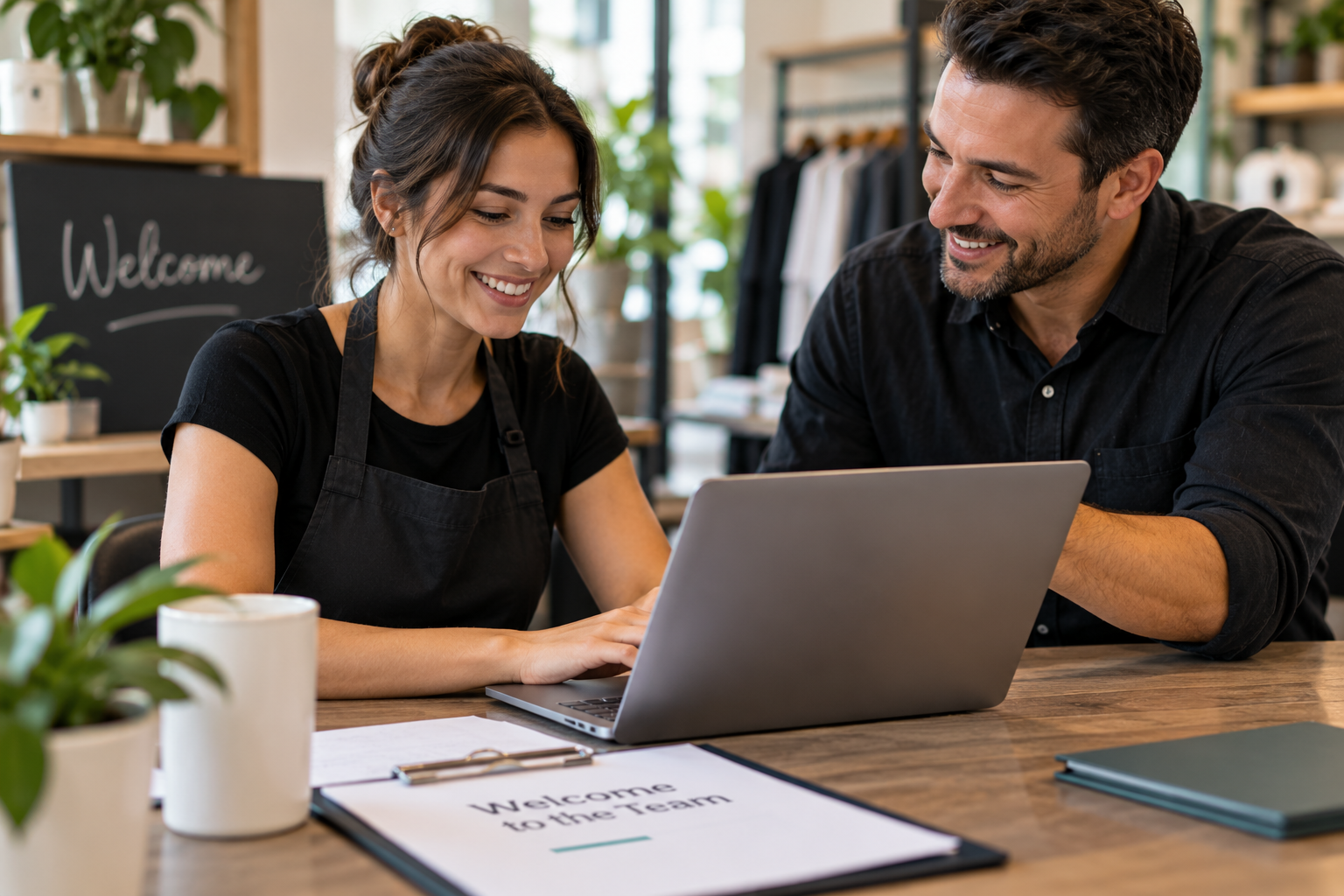 New employee completing digital onboarding with a manager on a laptop